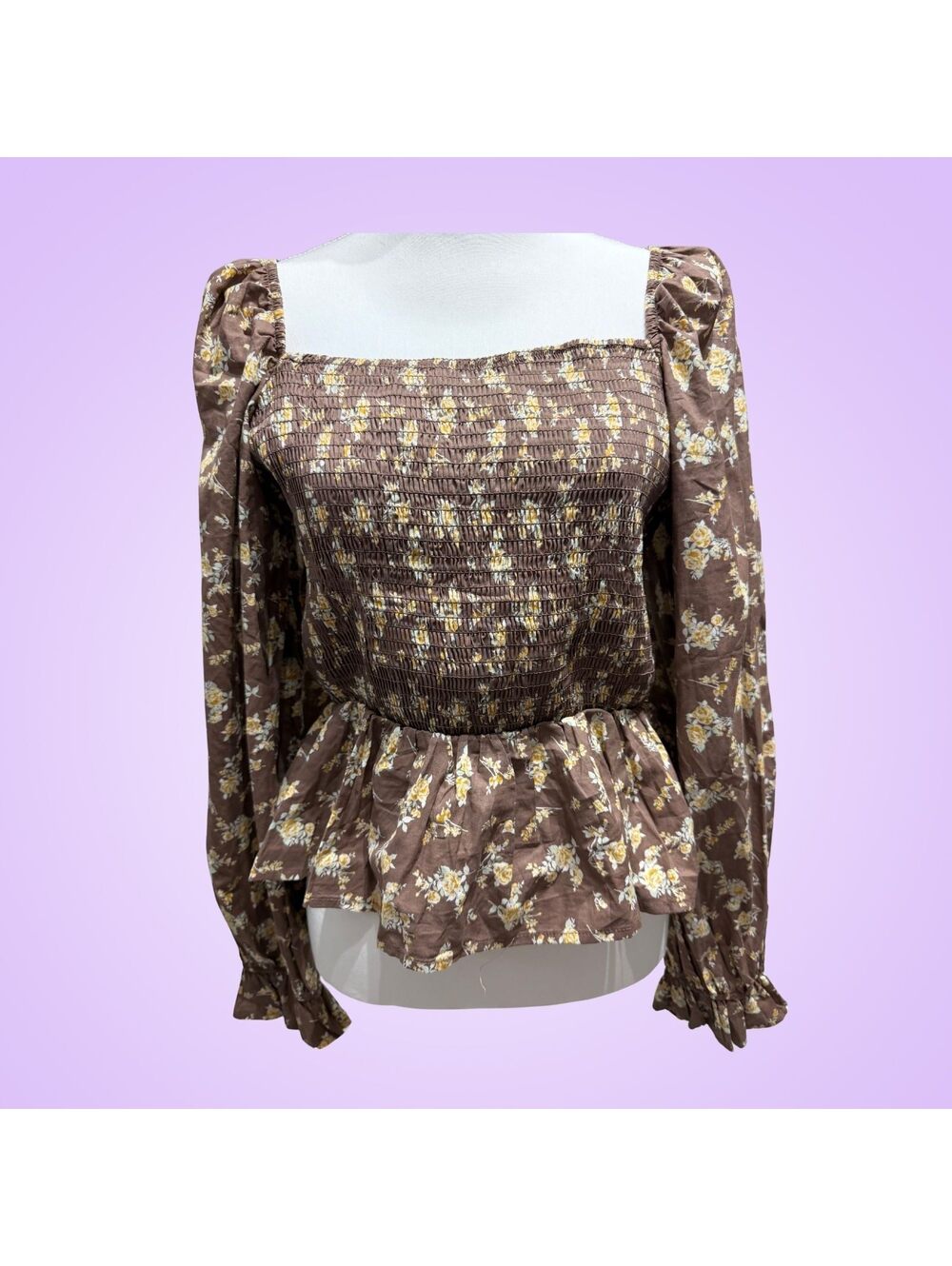 Brown Floral Smocked Square Neck Long-Sleeve Peplum Top | XL | By Dizzy Lizzy